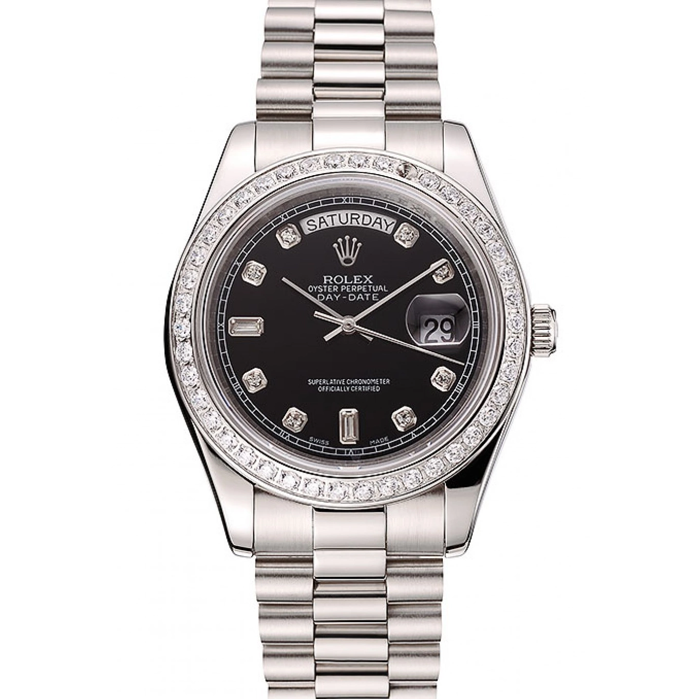 Aaa replica watch 1453966 Steel Swiss Diamond Case Diamond Rolex Dial Numerals Day-Date Stainless Black Bracelet 0817